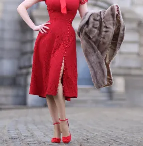 Abigail-2 - red lace dress with pearl buttons