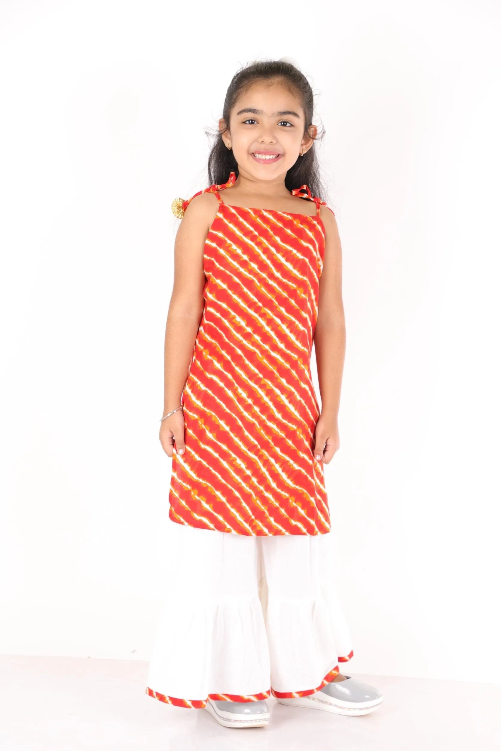 Ahhaaaa Cotton Leheriya Print Sleeveless Kurti-Sharara Set for Girls