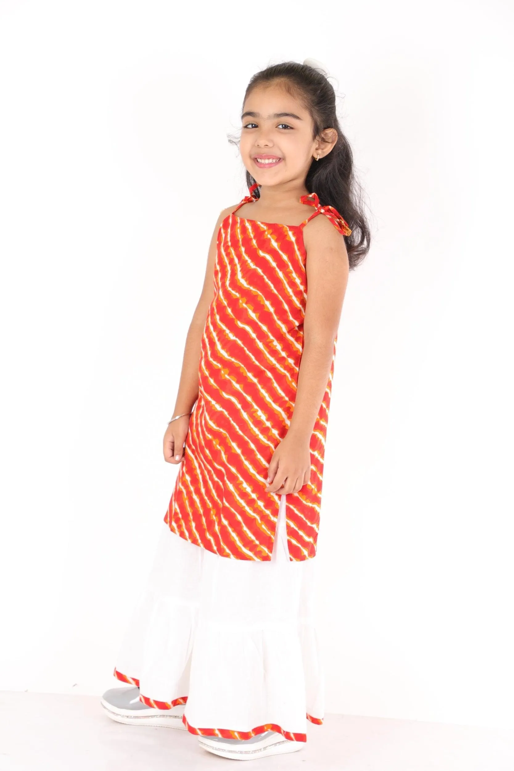 Ahhaaaa Cotton Leheriya Print Sleeveless Kurti-Sharara Set for Girls