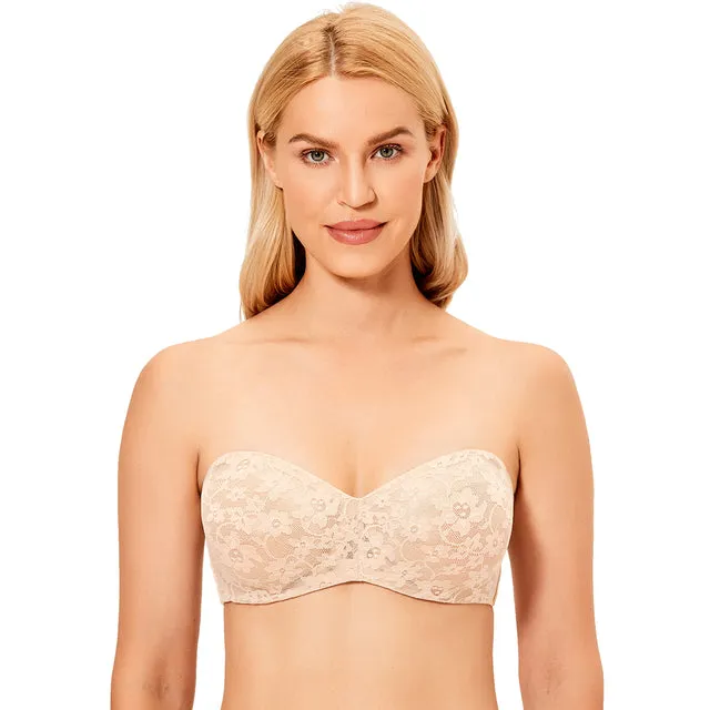 Beige Sexy Transparent Lace Underwire Strapless Minimizer Bra for Women