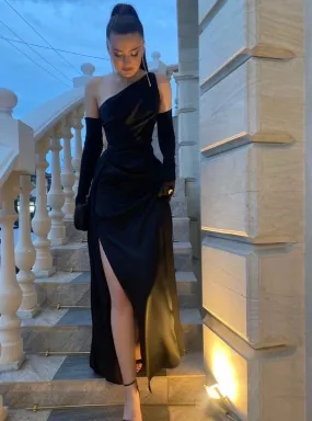 Black One Shoulder Sexy Prom Dress Long Evening Dress With Gloves SH1320