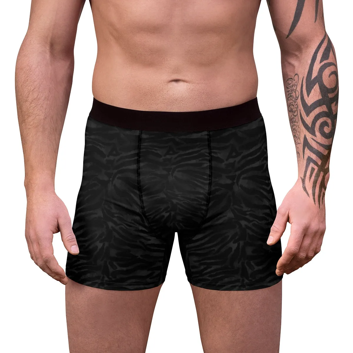 Black Tiger Striped Men's Underwear, Animal Print Men's Boxer Briefs Designer Underwear