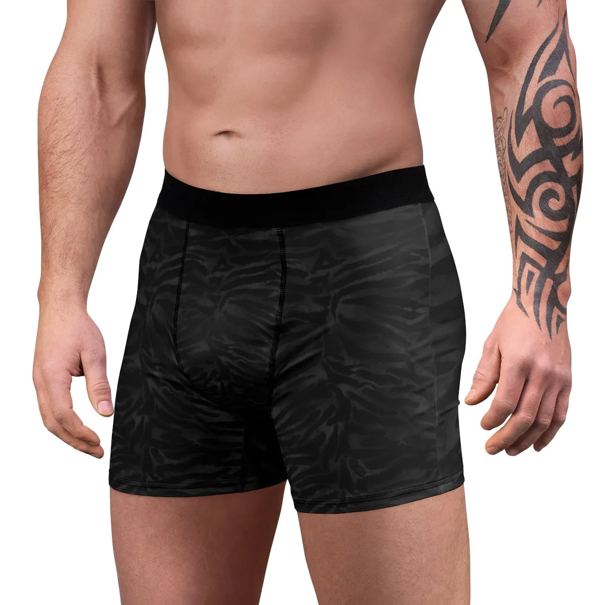 Black Tiger Striped Men's Underwear, Animal Print Men's Boxer Briefs Designer Underwear