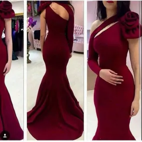 Burgundy One Shoulder Long Sleeve Mermaid Long Prom Dress, WG569