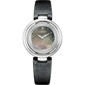 CITIZEN ECO-DRIVE ANALOG BLACK STRAP PEARL COLORED DIAL LADIES WATCH EM0900-08W