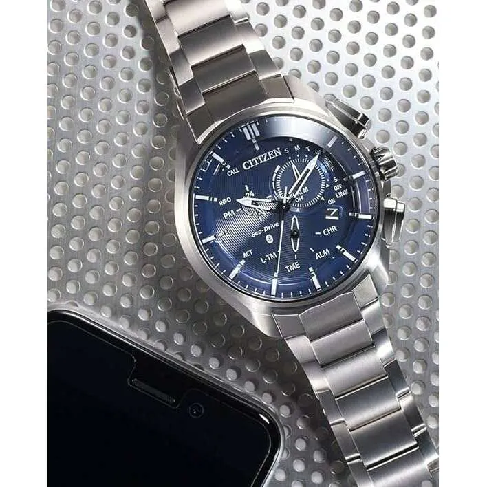 CITIZEN ECO-DRIVE BLUETOOTH SOLAR SUPER TITANIUM MODEL SILVER & BLUE MEN WATCH BZ1040-50L