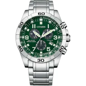 CITIZEN ECO-DRIVE CHRONOGRAPH SILVER TITANIUM STRAP GREEN DIAL MEN WATCH BL5550-50X