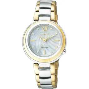 CITIZEN L ECO-DRIVE SOLAR SILVER & GOLD STRAP PEARL COLORED DIAL LADIES WATCH EM0339-85D