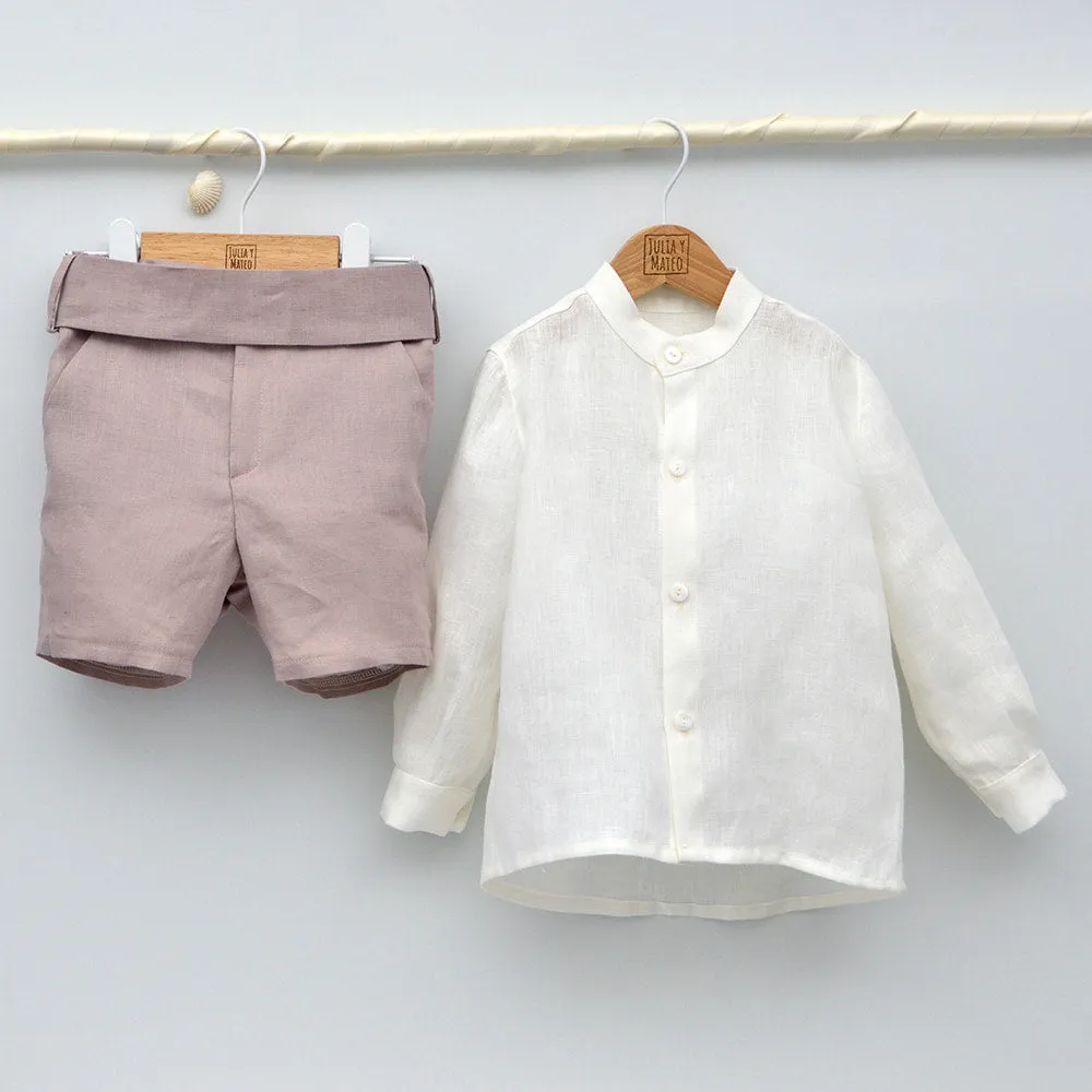 Conjunto lino Isabel con camisa cuello Mao y pantalón con Fajín