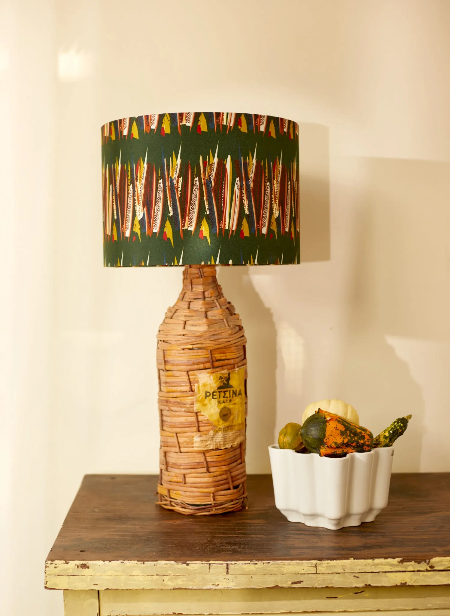 Drum Lampshade - Green Mid-Century Feather