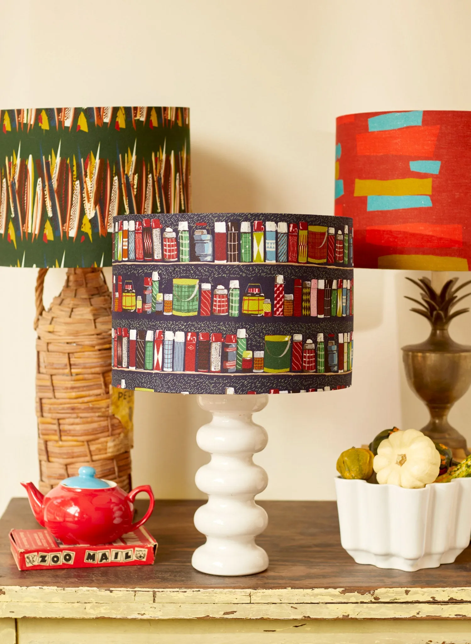 Drum Lampshade - Green Mid-Century Feather