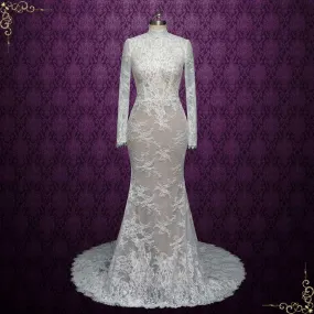 Fitted Lace Wedding Dress with High Neck and Long Sleeves | ALEAH