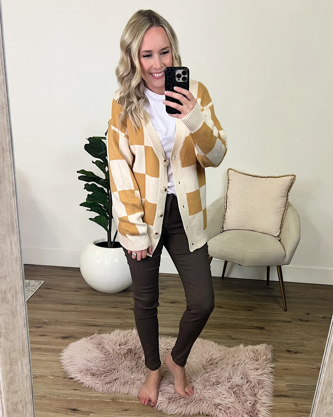 Gold and Cream Check Cardigan