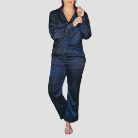 Luxury Long Sleeve Satin Nightwear - Royal Navy