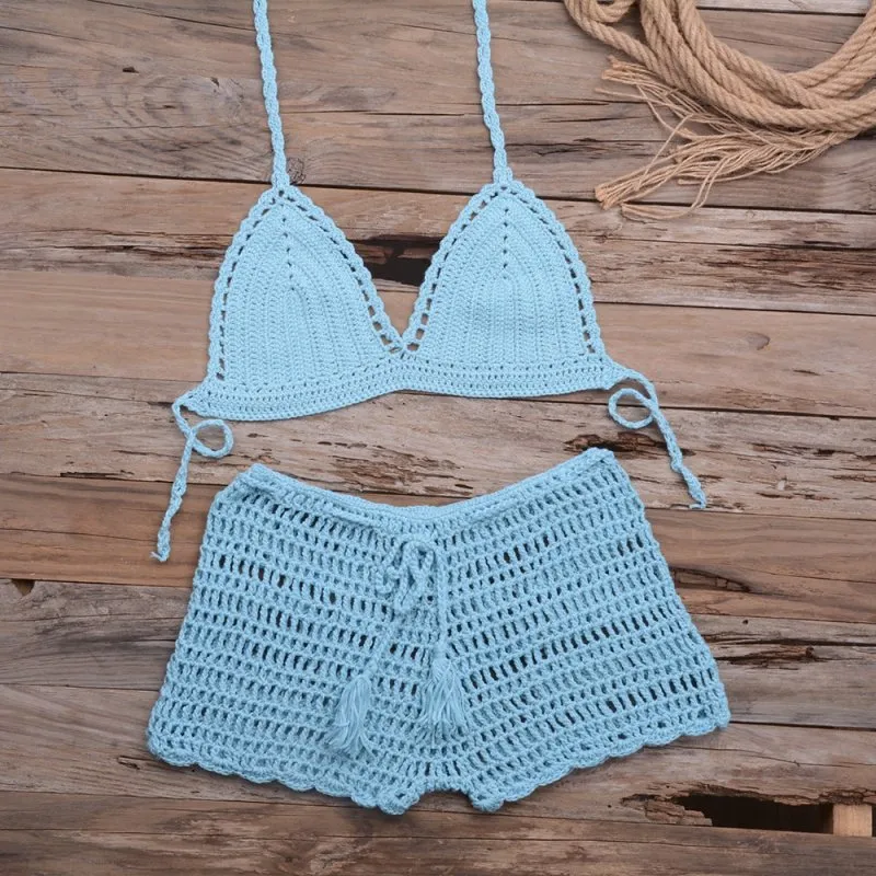 Matching Women Solid Color Sexy Hollow Out Cutout Top Hand-Woven Beach Boyshorts