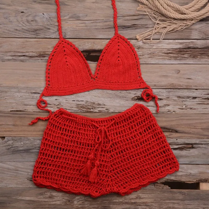 Matching Women Solid Color Sexy Hollow Out Cutout Top Hand-Woven Beach Boyshorts