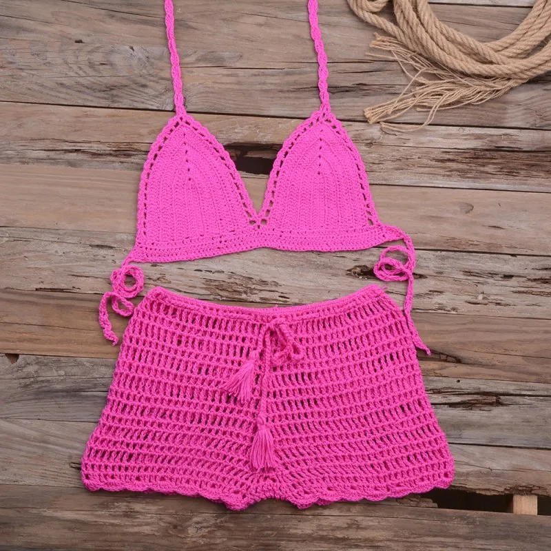 Matching Women Solid Color Sexy Hollow Out Cutout Top Hand-Woven Beach Boyshorts