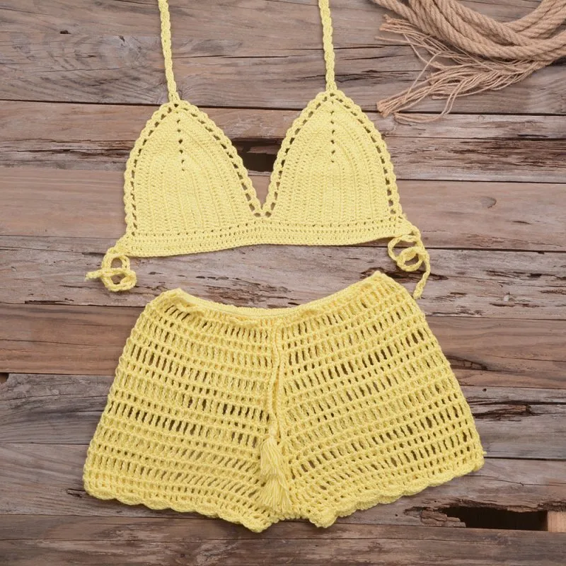 Matching Women Solid Color Sexy Hollow Out Cutout Top Hand-Woven Beach Boyshorts