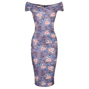 Mauve Floral Cap Sleeve Crossover Top Bardot Wiggle Dress