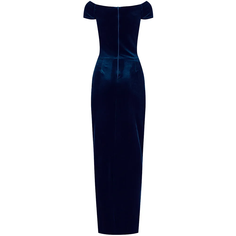 Navy Blue Velour Capped Sleeve Cocktail Party Maxi Dress