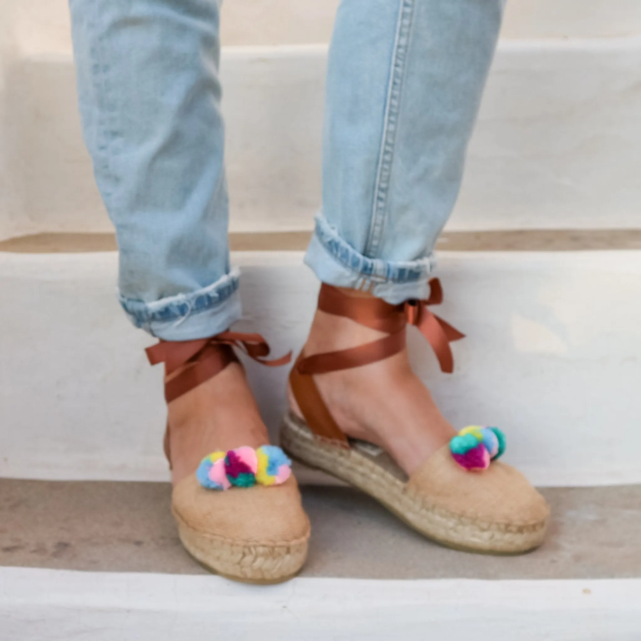 Pom Pom Raffia Espadrilles - Double Sole