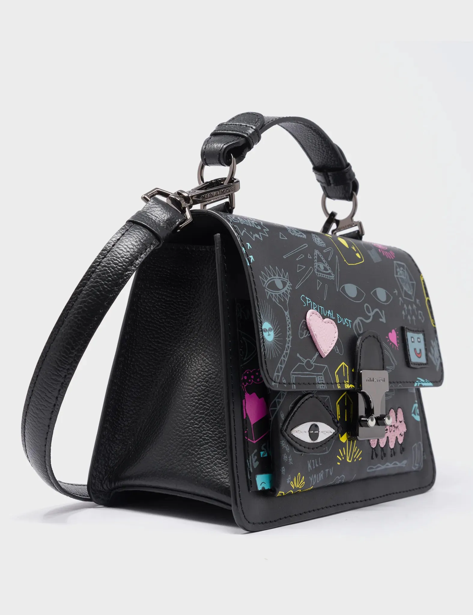 Silas Black Small Leather Crossbody Bag - Urban Doodles Design