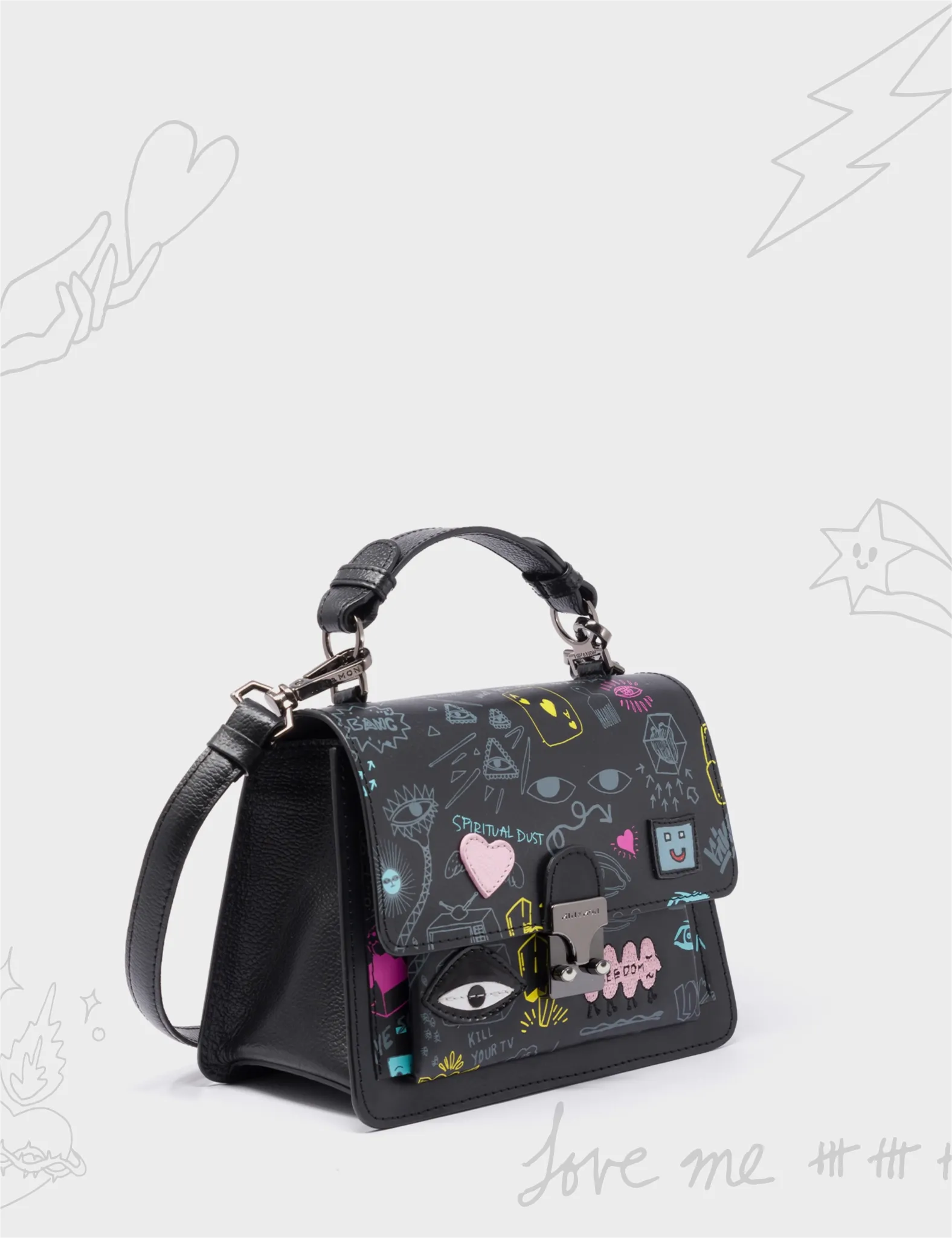 Silas Black Small Leather Crossbody Bag - Urban Doodles Design