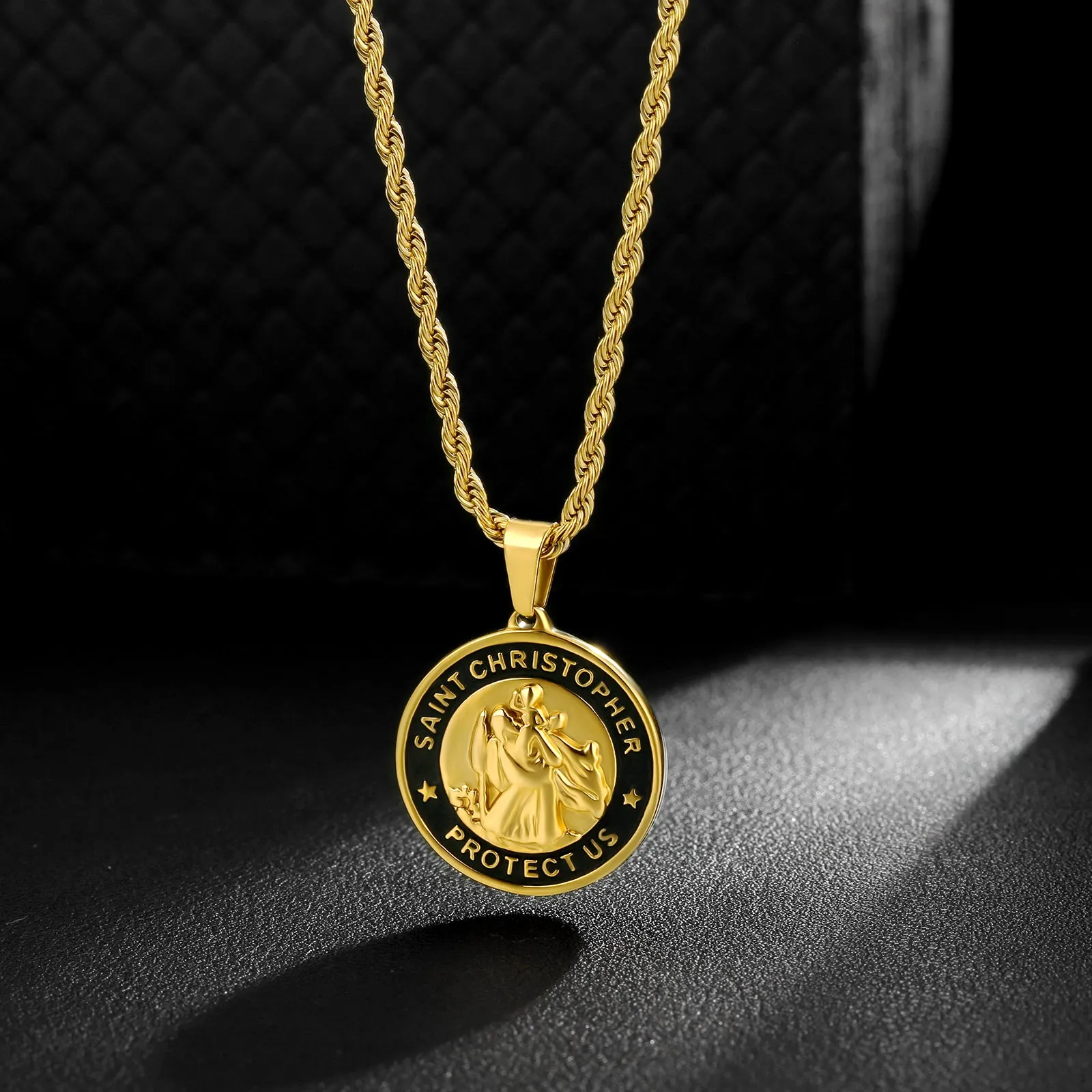 St Christopher Black & Gold Coin Pendant Necklace with Rope Chain for Men