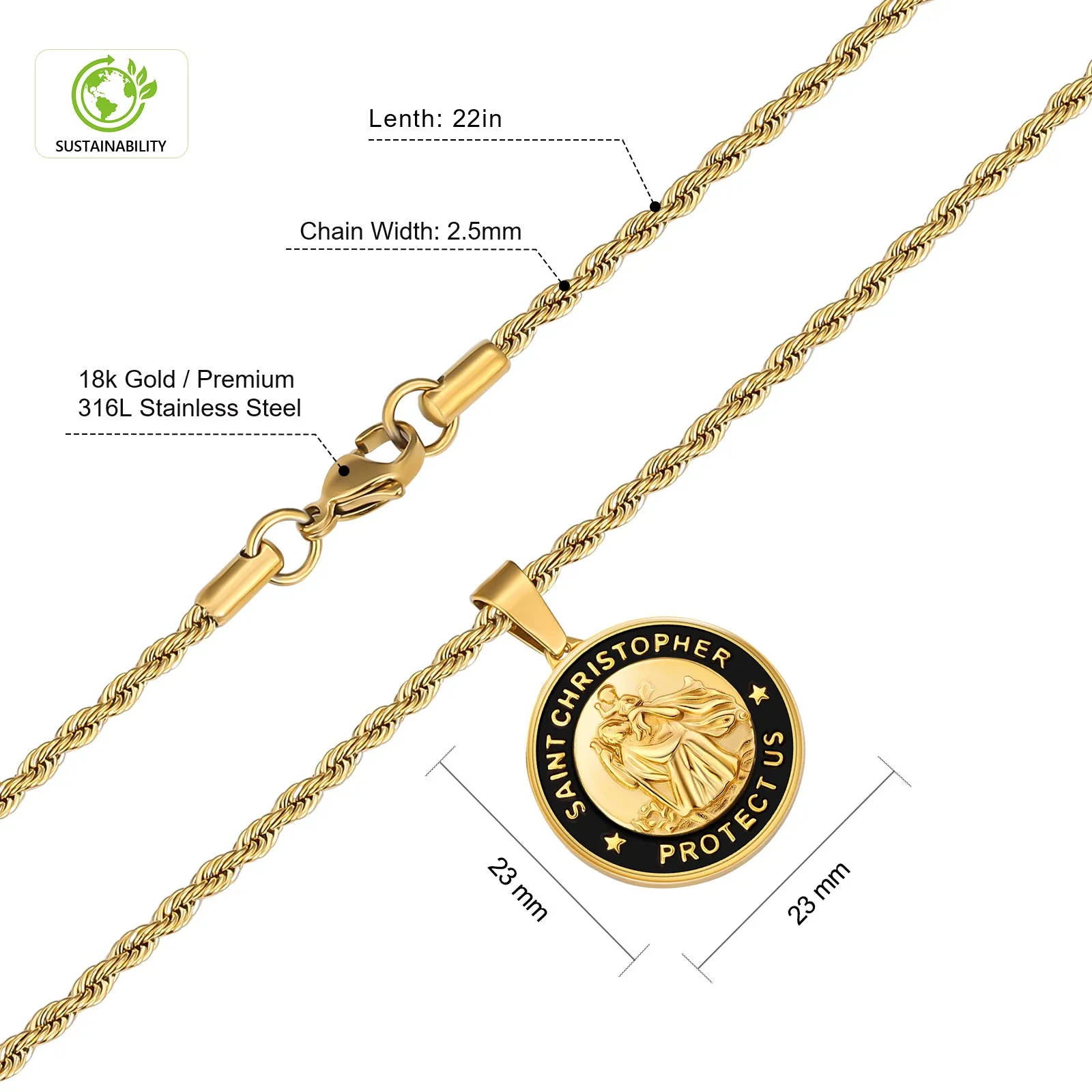 St Christopher Black & Gold Coin Pendant Necklace with Rope Chain for Men