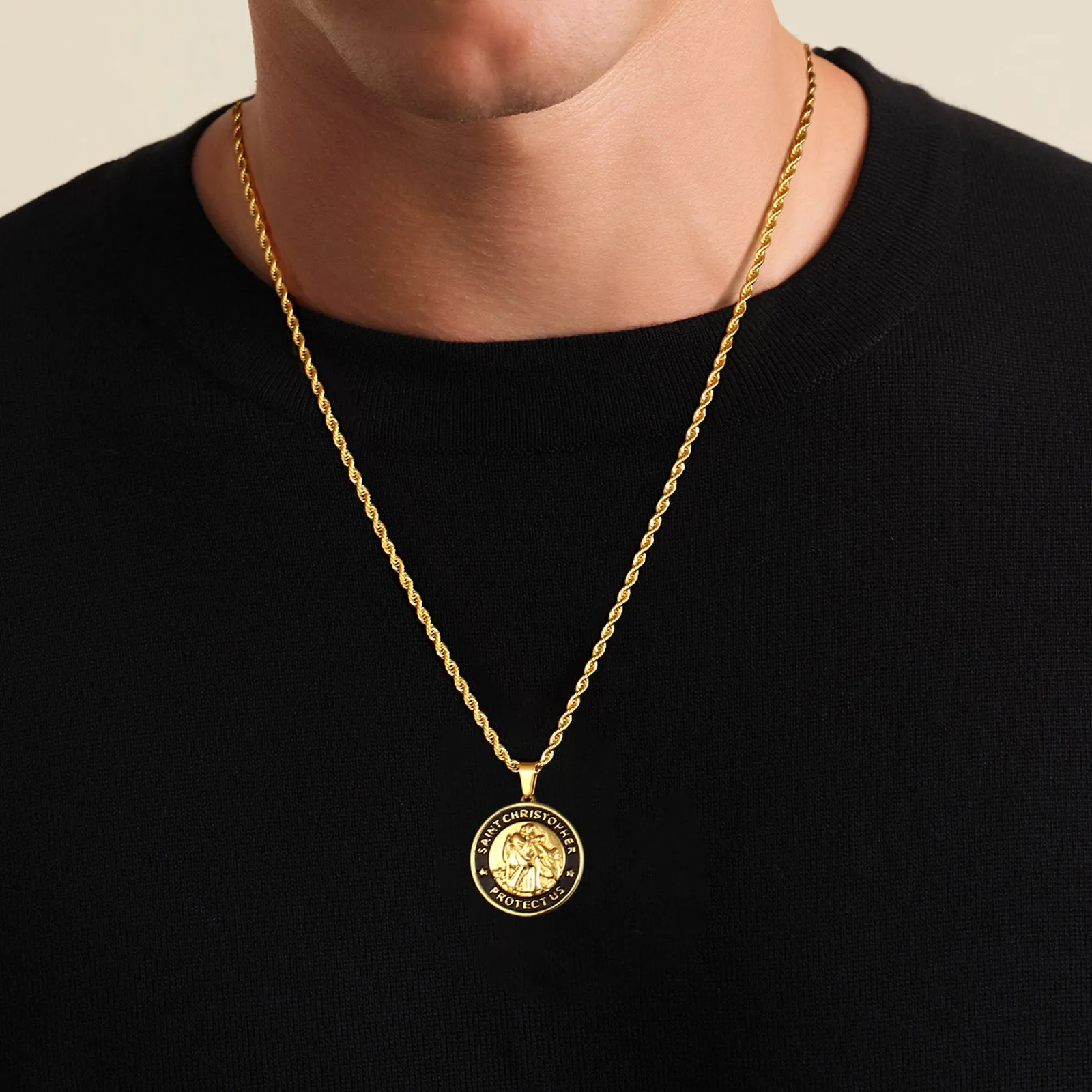 St Christopher Black & Gold Coin Pendant Necklace with Rope Chain for Men