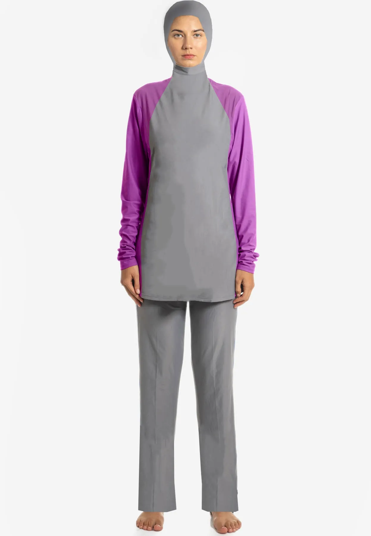 Swim set: Long Sleeve Burkini Swim Set With Hoodie (Grey)